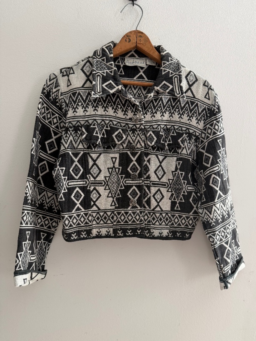 Vintage Flashback Aztec Cropped Jacket Black White 90s Boxy Tribal Western